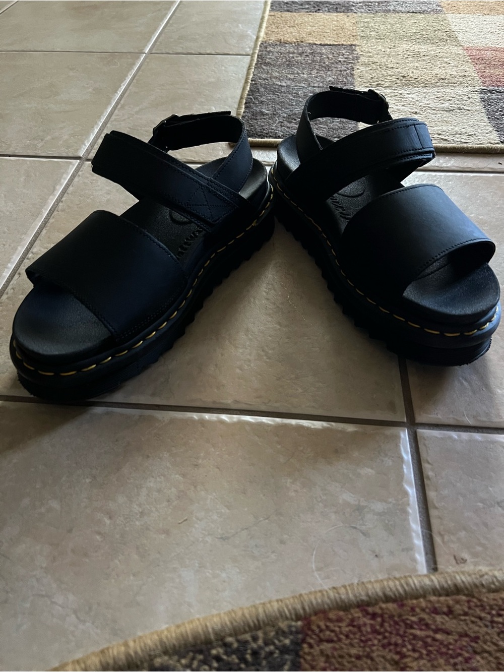 NWT Dr Martens VOSS Black Leather Platform Sandals with Yellow Stitching - Picture 3 of 5